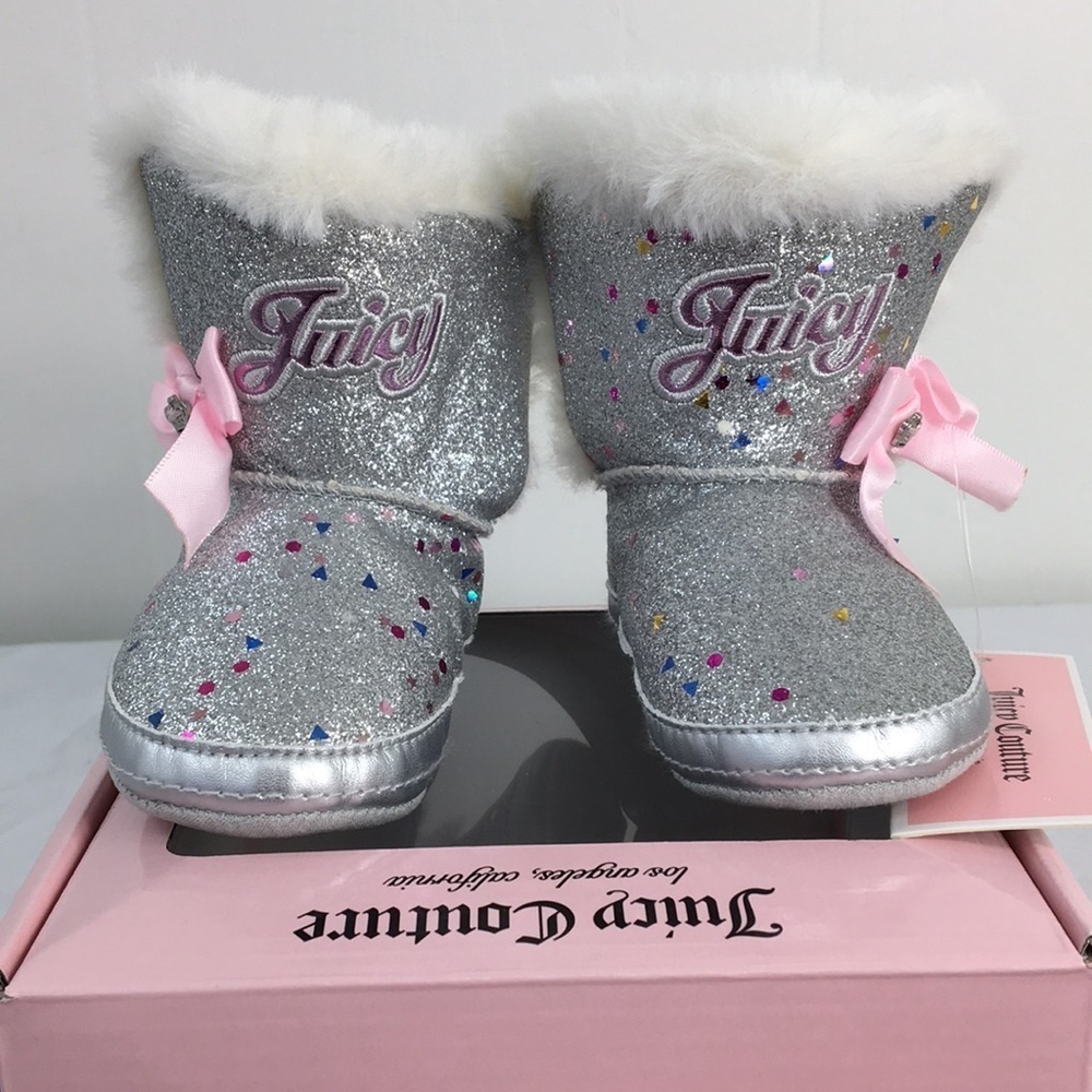 Juicy Couture Silver Glitter Sparkle Cerritos Boot Faux Fur Size 3m NEW In Box